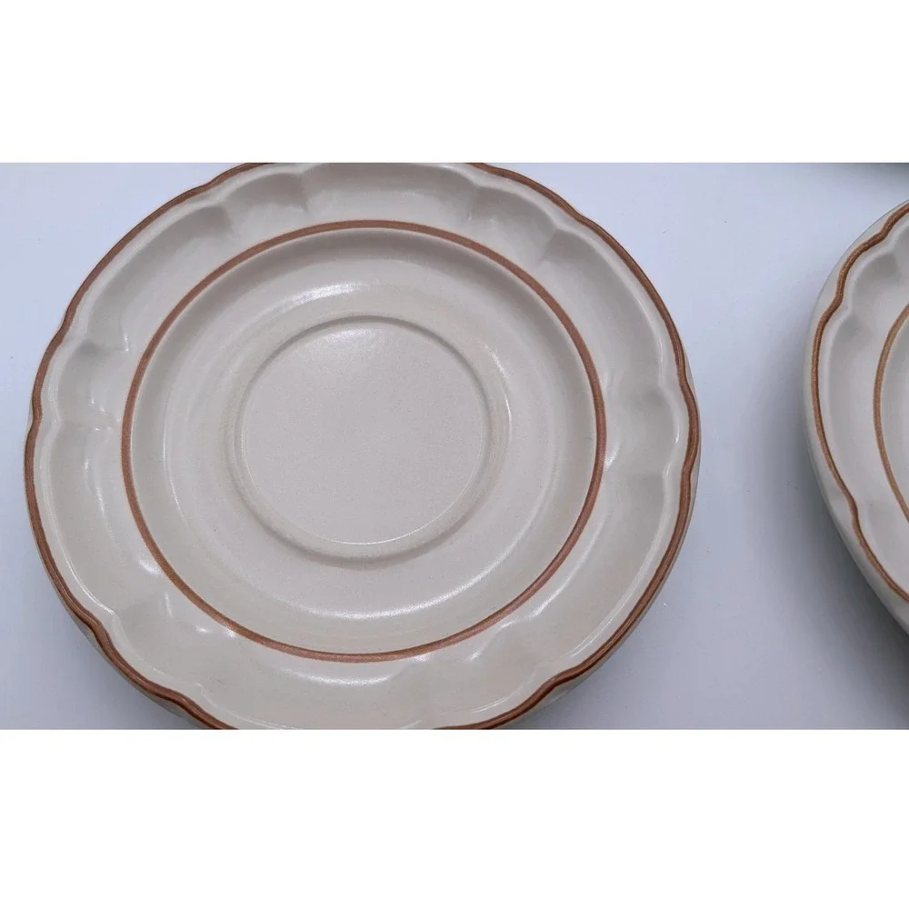 Gordella Collection Stoneware Saucers Set of 6 Japan Scalloped Edge Brown Rim